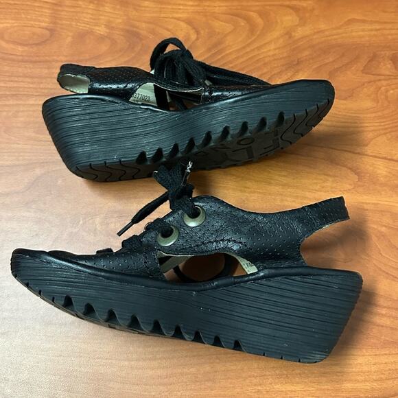 Fly London Ylva Lace Up Wedge Sandals Womens 38 7-7.5 Black Summer Open Toe - Picture 7 of 13